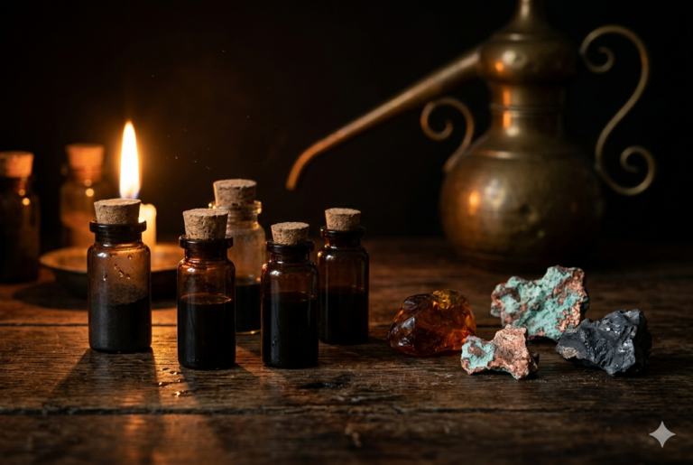 tavolo con ampolle di oligoelementi, alambico e candela