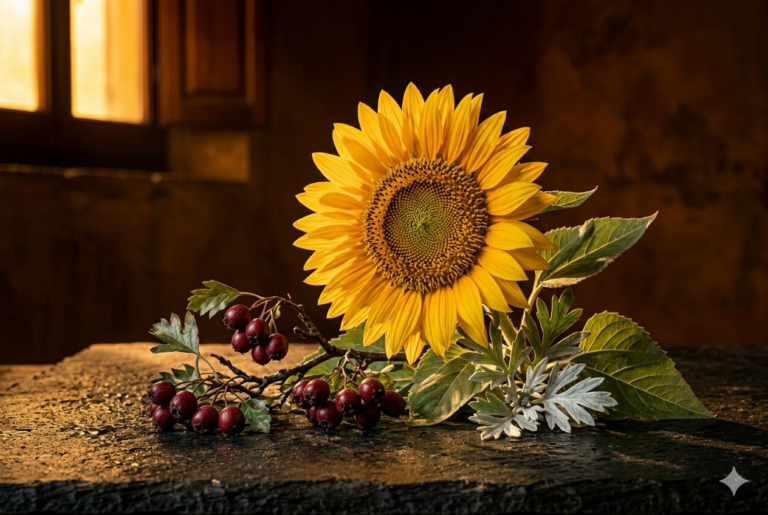 tavolo in legno con girasole e luce dalla finestra
