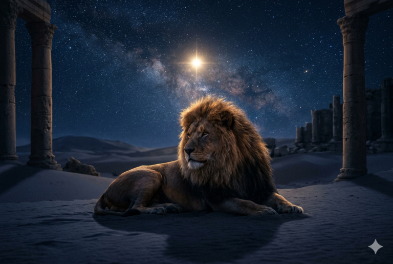 leone nella notte davanti ad un portale