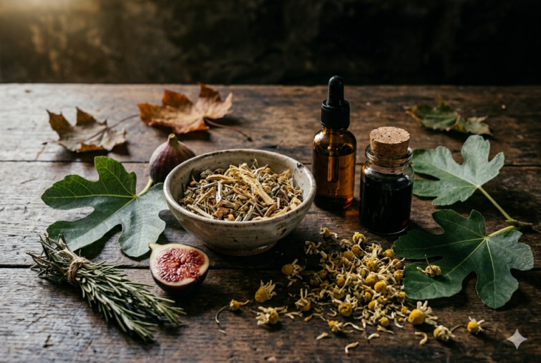 tavolo con senna, rosmarino ed erbe depurative