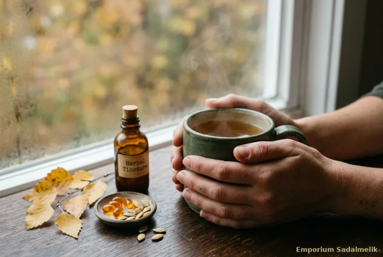 Pelle secca in autunno: mani che stringono una tazza di tisana calda accanto a una finestra appannata, con perle di olio di zucca e semi di zucca sul tavolo