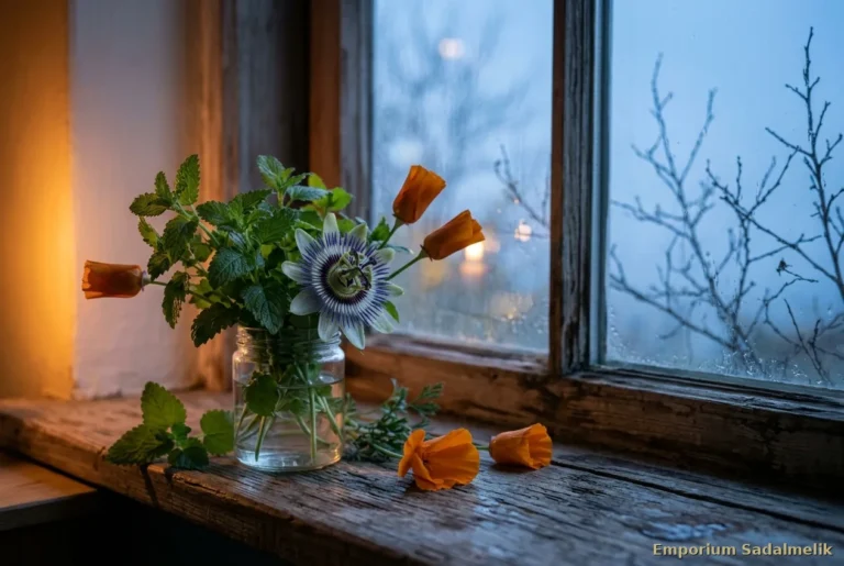 Piante per dormire: fiori di escolzia che si chiudono al tramonto, passiflora e melissa sul davanzale nella luce blu della sera