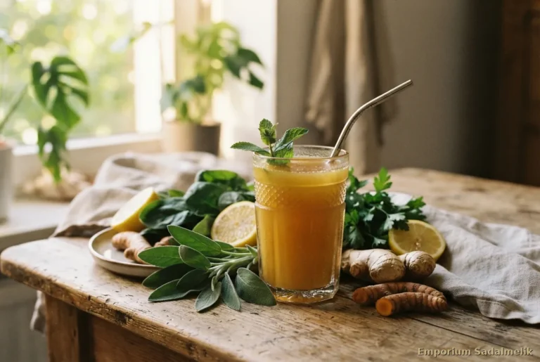 Bicchiere di succo depurativo dorato su tavolo di legno accanto a foglie fresche e radici, luce calda da finestra laterale, bokeh naturale, mood rigenerante e quotidiano, palette verde salvia scuro e ambra.1536×1024.