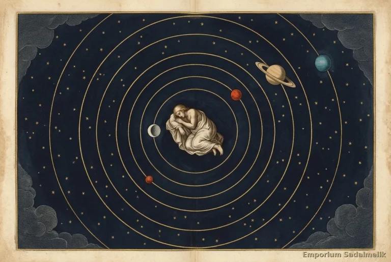 Cause dell’insonnia: figura addormentata al centro delle orbite dei pianeti, in stile atlante celeste del Seicento