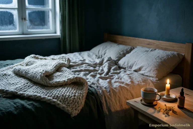 Riposo invernale: letto con lenzuola di lino e coperta di lana nella luce della luna, tisana di tiglio e candela accesa sul comodino