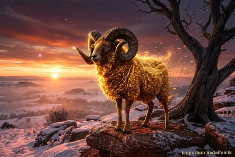Ariete dal vello d'oro su una roccia rossa all'alba d'inverno accanto a un antico tronco: la Quarta Notte Santa dell'Inganno della Materia, Emporium Sadalmelik