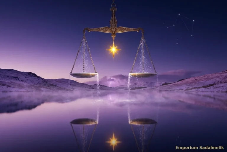 Una bilancia celeste d'oro in perfetto equilibrio sospesa sopra un lago d'inverno al crepuscolo, con una stella nel fulcro: l'Undicesima Notte Santa della Libertà come Amore Leale sotto la Bilancia, Emporium Sadalmelik