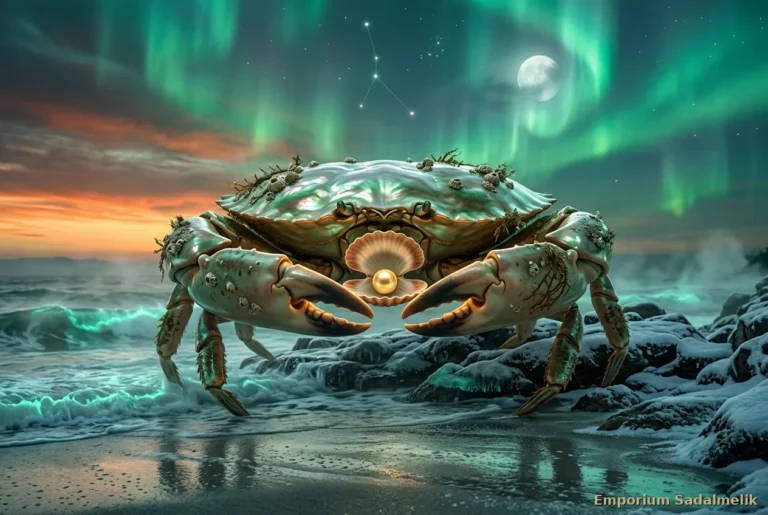 Granchio di madreperla custodisce una perla luminosa sulla riva sotto l'aurora boreale: la Settima Notte Santa della Saggezza Operante sotto il Cancro, Emporium Sadalmelik