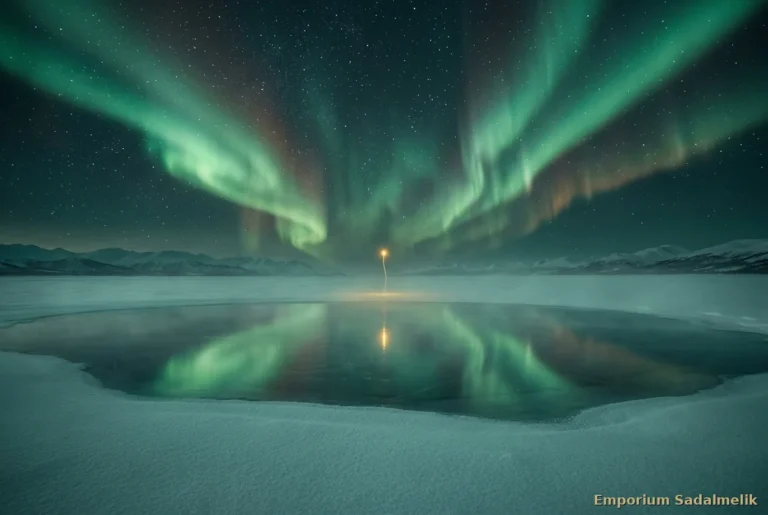 Distesa di neve intatta e lago ghiacciato sotto l'aurora boreale, con un punto di luce dorata che sale al cielo: l'Ottava Notte Santa del Silenzio Profondo, Emporium Sadalmelik