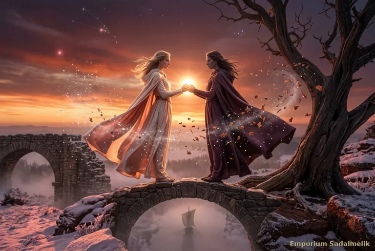 Due figure gemelle su un ponte di pietra all'alba d'inverno sorreggono una sfera di luce nel vento: la Sesta Notte Santa del Temperamento sotto i Gemelli, Emporium Sadalmelik