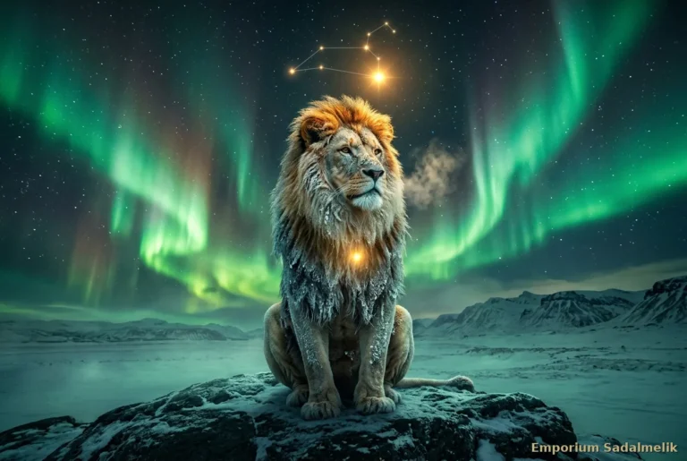 Leone regale su una roccia dell'altopiano innevato sotto l'aurora boreale, con la stella Regolo che brilla sopra di lui: la Nona Notte Santa del Coraggio del Sacrificio sotto il Leone, Emporium Sadalmelik