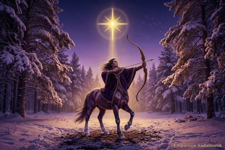Centauro arciere in una foresta di abeti innevati punta la freccia verso la Stella dell'Epifania: la Tredicesima Notte Santa della Forza Divina sotto il Sagittario, Emporium Sadalmelik