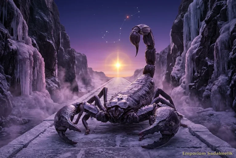 Scorpione dal carapace di ferro e ossidiana immobile su un sentiero in un canyon gelato, con una stella dorata all'orizzonte: la Dodicesima Notte Santa della Perseveranza sotto lo Scorpione, Emporium Sadalmelik