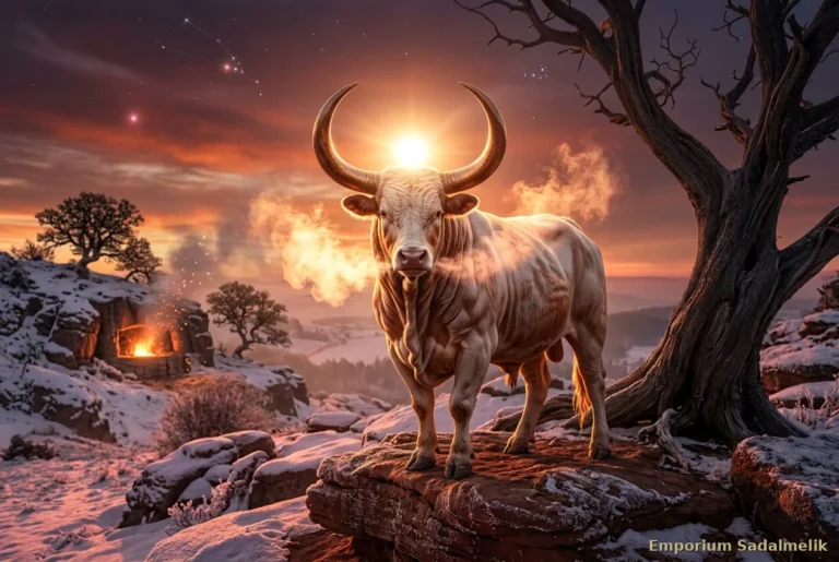 Toro sacro bianco in una prateria gelata all'alba, con il sole che sorge tra le corna: la Quinta Notte Santa del Dominio delle Brame sotto il Toro, Emporium Sadalmelik