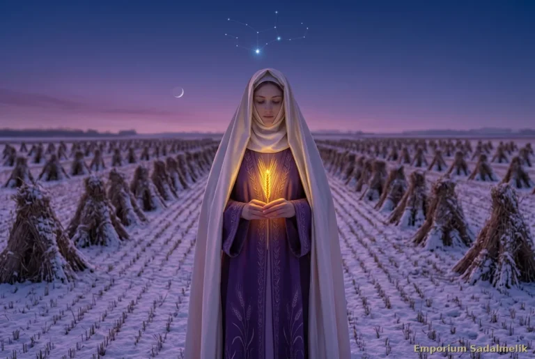 Figura velata della Vergine con una spiga dorata luminosa in un campo d'inverno con covoni innevati al crepuscolo: la Decima Notte Santa dell'Armonia sotto la Vergine, Emporium Sadalmelik