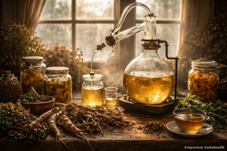 Fermentazione e sistema linfatico: alambicco di vetro con liquido ambrato, barattoli di fermentati e radici essiccate su un tavolo davanti alla finestra