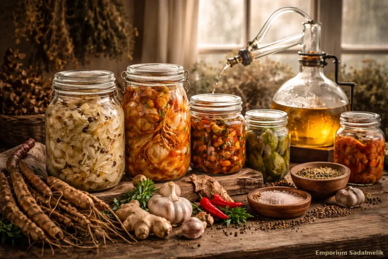 Benefici dei cibi fermentati: barattoli di verdure in fermentazione con aglio, spezie e una bottiglia ambrata su un tavolo di legno