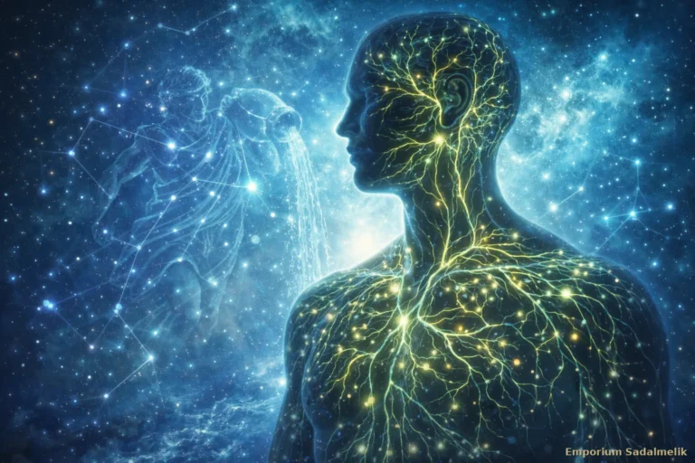 Sistema linfatico e linfa di betulla: figura umana attraversata da una rete luminosa di vasi su un fondo cosmico blu