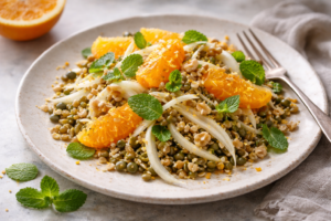 Insalata di lenticchie germogliate, arance e finocchio