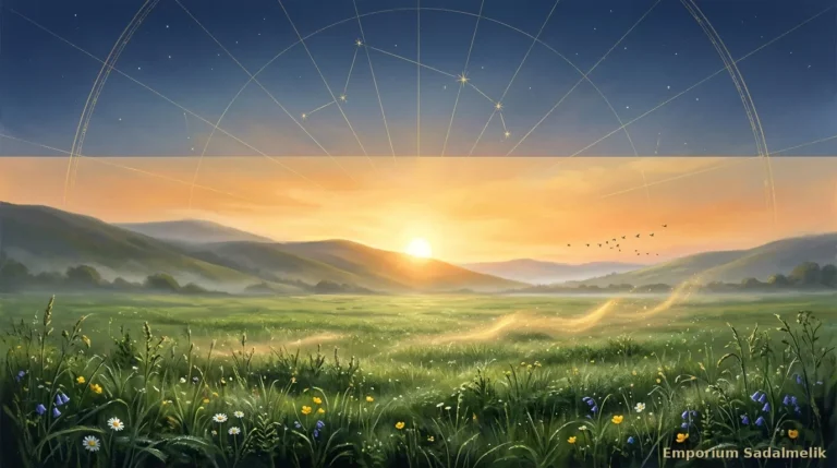 Alba di equinozio su un prato in fiore, con il sole sull’orizzonte tra cielo notturno e luce dorata e la costellazione dell’Ariete tracciata in oro