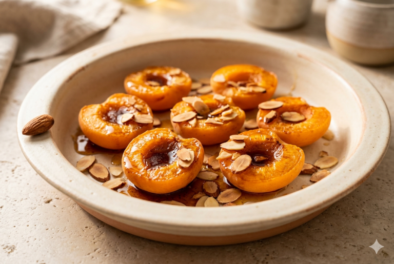 Piatto di albicocche al forno con mandorle