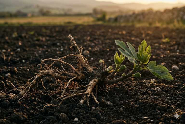 Piccola pianta di fico che germina dal terreno