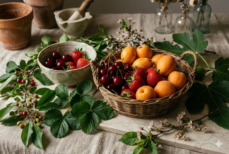tavolo con cesti di frutta di stagione fragole ciliegie nespole