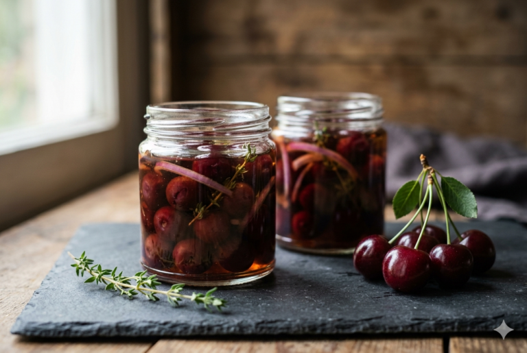 tavolo con vsetti di ciliege marinate