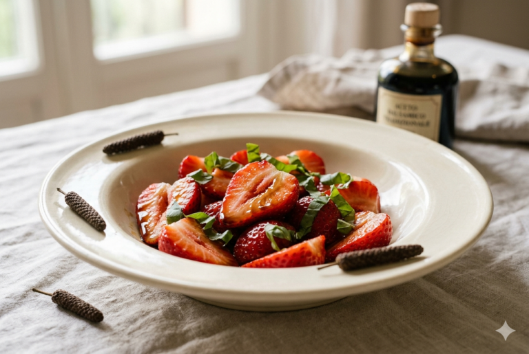 tavolo con piatto di fragole e balsamico