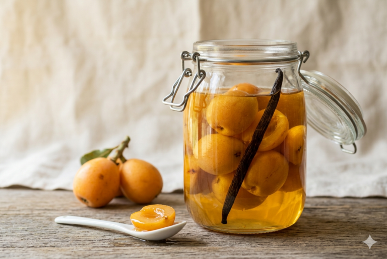 tavola con vasetto di nespole sciroppate