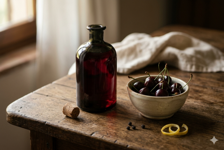 Tavolo con bottiglia scura e ciliege