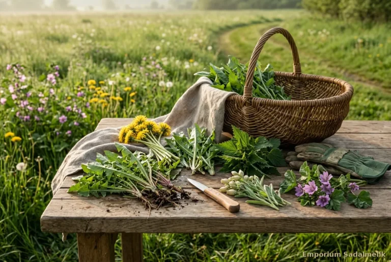 Erbe spontanee commestibili appena raccolte su un tavolo di legno: tarassaco in fiore, cicoria, ortica, silene e malva, con un cesto e un paio di guanti