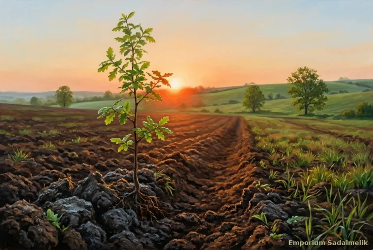 Giovane albero dalle foglie verdi che cresce da un solco di terra arata all’alba, con il sole arancione che illumina il campo in primavera