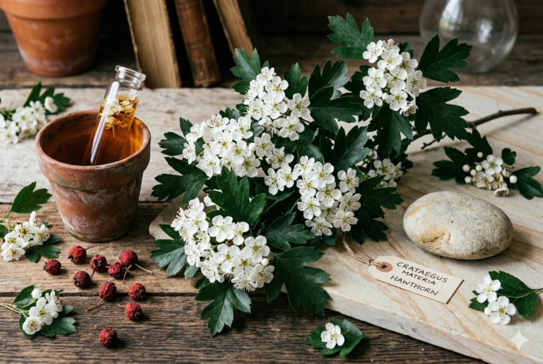 tavolo alchemico con fiori di biancospino