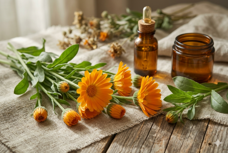 Fiori di calendula arancio-oro su lino naturale con tintura erboristica — calendula per la pelle nella tradizione erboristica europea