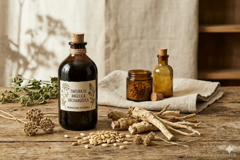 radici di angelica archangelica essiccate e tintura idroalcolica su legno naturale — proprietà benefici erboristeria Emporium Sadalmelik
