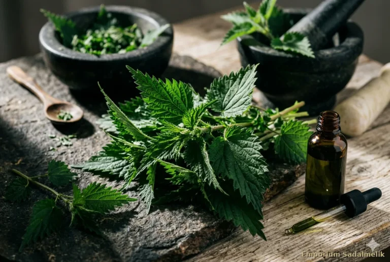 Rametti freschi di ortica verde scuro con barattolo di macerato su legno naturale — ortica proprietà benefiche e usi nella tradizione erboristica europea