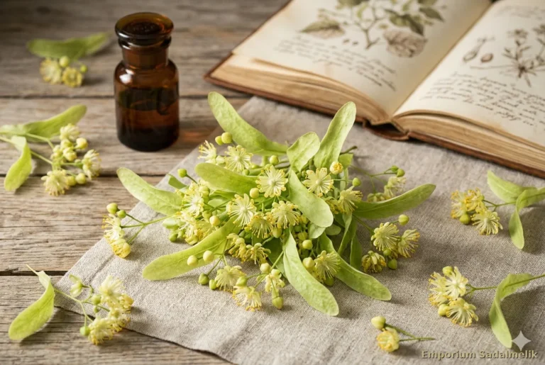 Infiorescenze di tiglio con brattee fogliacee su lino naturale e barattolo di macerato glicerico — tiglio proprietà ed usi nella tradizione erboristica europea