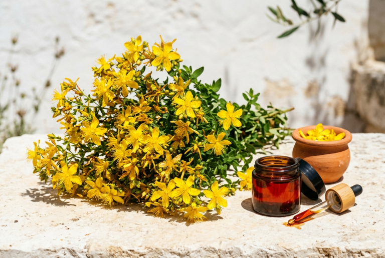 Fiori di iperico gialli in piena estate con oleolito rosso in barattolo — Herba Solis proprietà benefici umore Emporium Sadalmelik