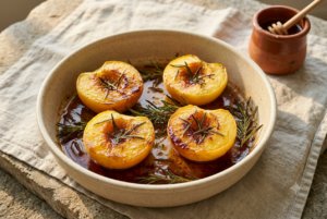 piatto al forno di pesche, miele di acacia e rosmarino