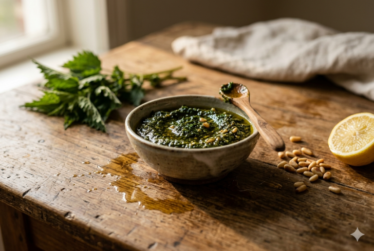 tavolo cucina casalinga, con ciotola di pesto di ortica