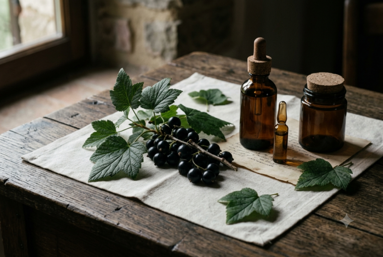 Rami di ribes nero con frutti maturi e gemmoderivato in barattolo ambrato — proprietà benefici cortisone vegetale Emporium Sadalmelik