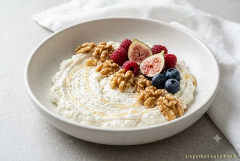 Bowl di ricotta fresca con noci, mirtilli, fichi e miele di acacia — colazione proteica italiana senza cereali e senza zuccheri raffinati