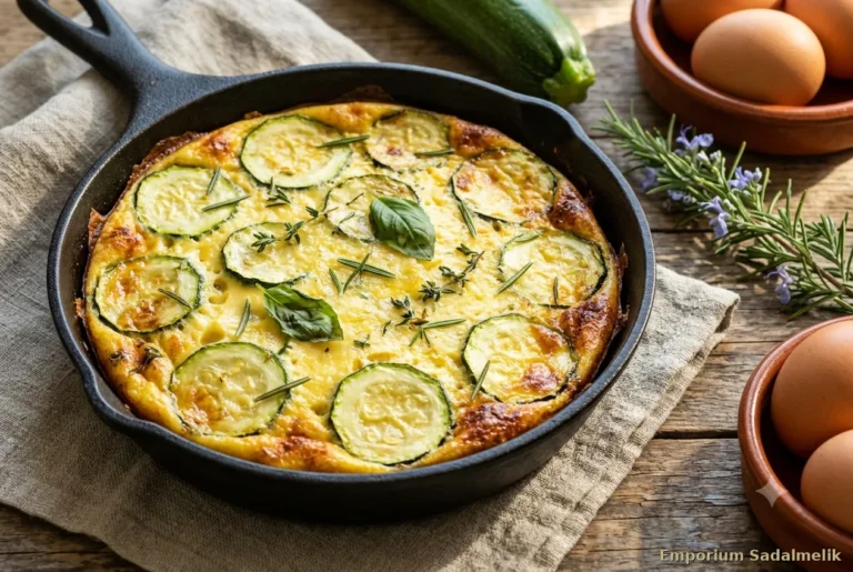 Frittata alle erbe aromatiche con zucchine in padellino di ghisa — colazione salata proteica senza cereali con rosmarino e timo freschi