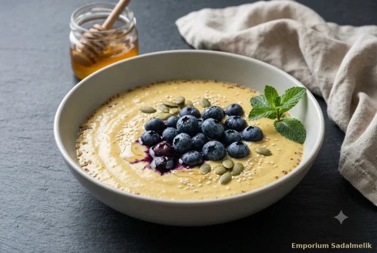 Kefir bowl con mirtilli freschi, semi di lino e semi di zucca — colazione probiotica estiva senza cereali e senza carboidrati raffinati