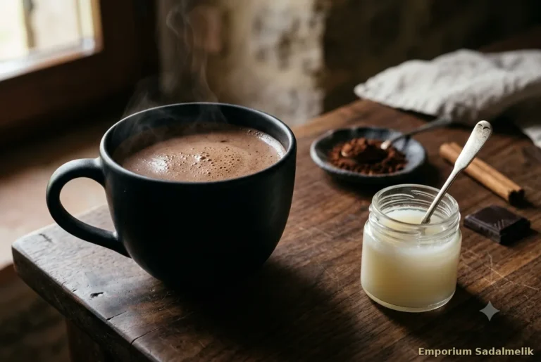 Tazza di latte di mandorla con pappa reale e cacao crudo — colazione energetica liquida senza lattosio e senza zuccheri raffinati con superfood naturali
