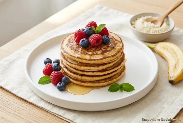 Pancake proteici di albume e farina di mandorle con frutti di bosco e miele — colazione senza glutine e senza cereali ad alto contenuto proteico