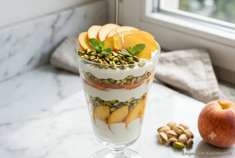 Parfait di skyr con fettine di pesca e pistacchi tostati in bicchiere trasparente — colazione proteica estiva senza cereali
