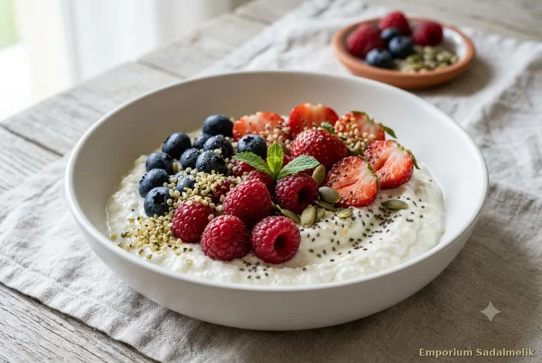 Smoothie bowl proteico con yogurt greco, lamponi, mirtilli, fragole e semi di canapa — colazione estiva senza carboidrati raffinati