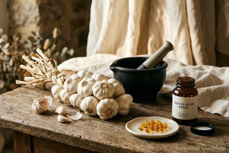 Treccia d'aglio fresco con Olio di Aglio Perle in flacone ambrato — proprietà benefici protezione cardiovascolare Emporium Sadalmelik